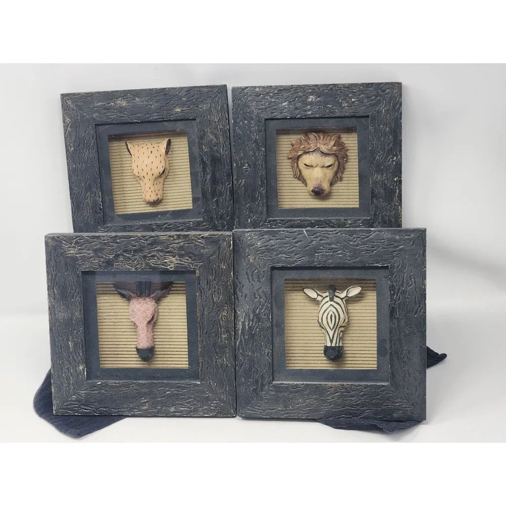 Four African Tribal Jungle Zebra Lion Cheetah Giraffe 3D Box Wall Decor Pictures